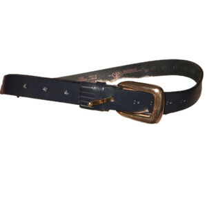 VINTAGE 70s Braemar Navy Blue Leather Belt w Fringe & Gold Tone Hardware Small